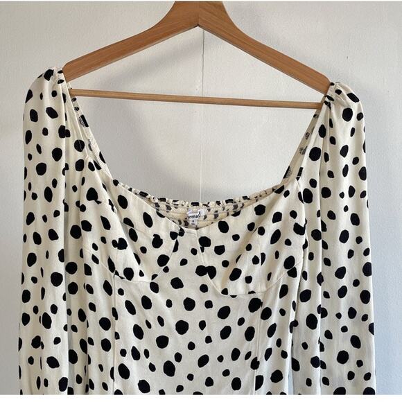 REFORMATION Reign Ink Blot Polkadot Fitted Shirred Top Bodycon Sz 8 Coquette - Picture 3 of 9